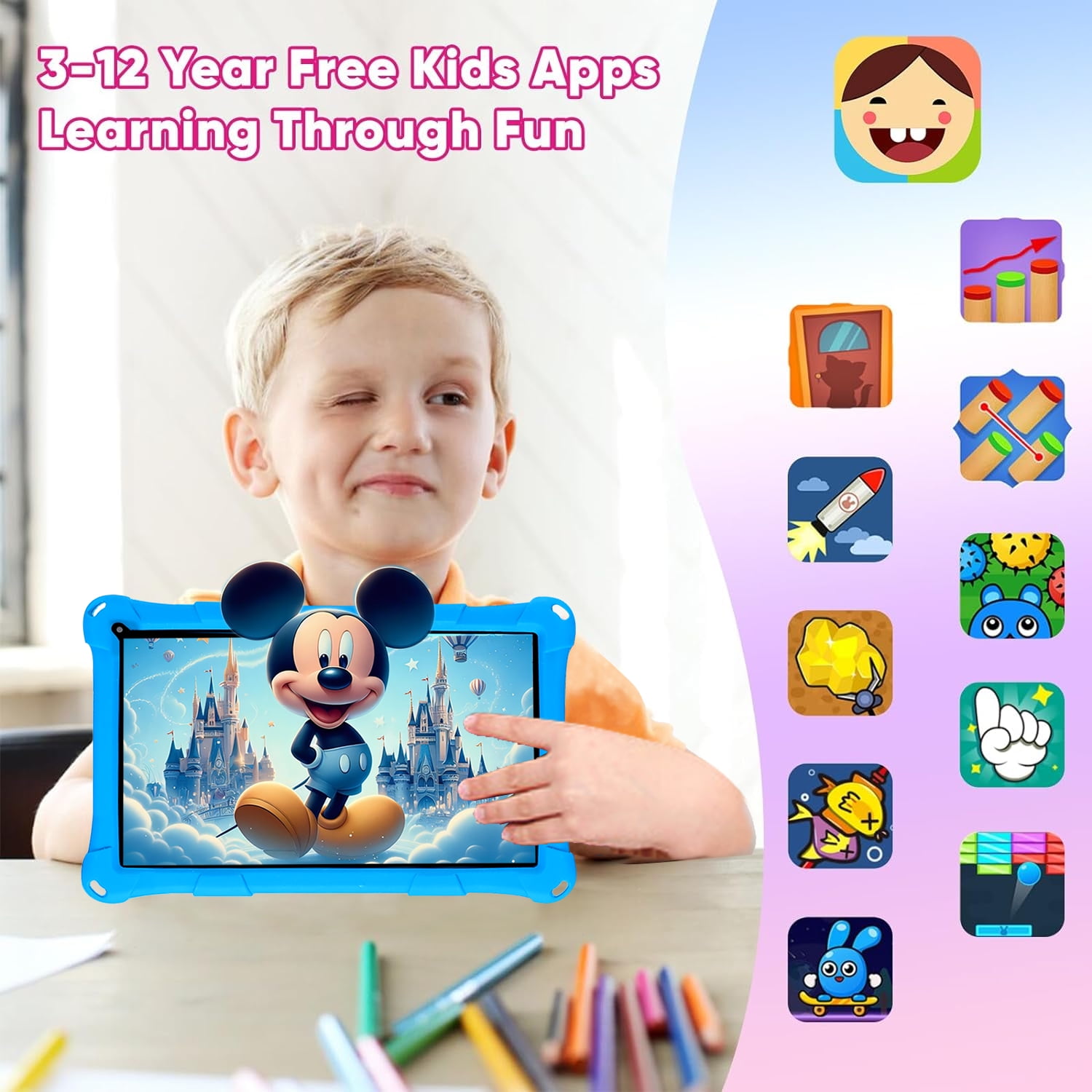 Thunrlge Kids Tablet, 7-Inch Kids Tablet, Android Tablet, 3+5 RAM 64GB ROM (TF CARD 256GB) Google Certified, Kids Software Pre-Installed, WiFi, Shockproof Case, Gift for kids, (Blue)