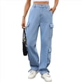 thumbnail image 3 of Pantalones Cargo para Mujer, Cintura Alta, Pierna , Holgados, Estilo Y2K, con 8 Bolsillos Azul Denim M, 3 of 10