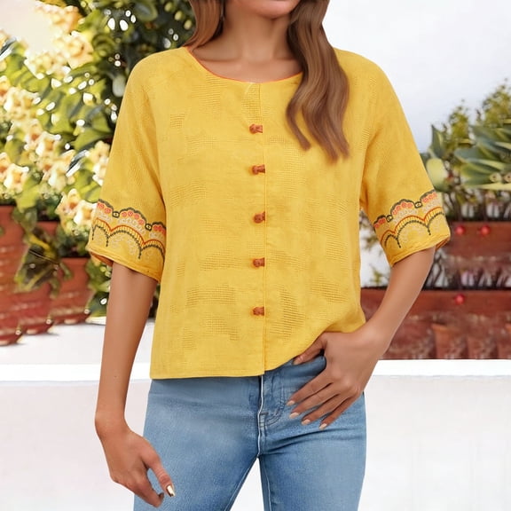 Endives Women's Cotton Linen Shirt V Neck Half Sleeve Retro Embroidered Loose Casual Top Summer Blouse