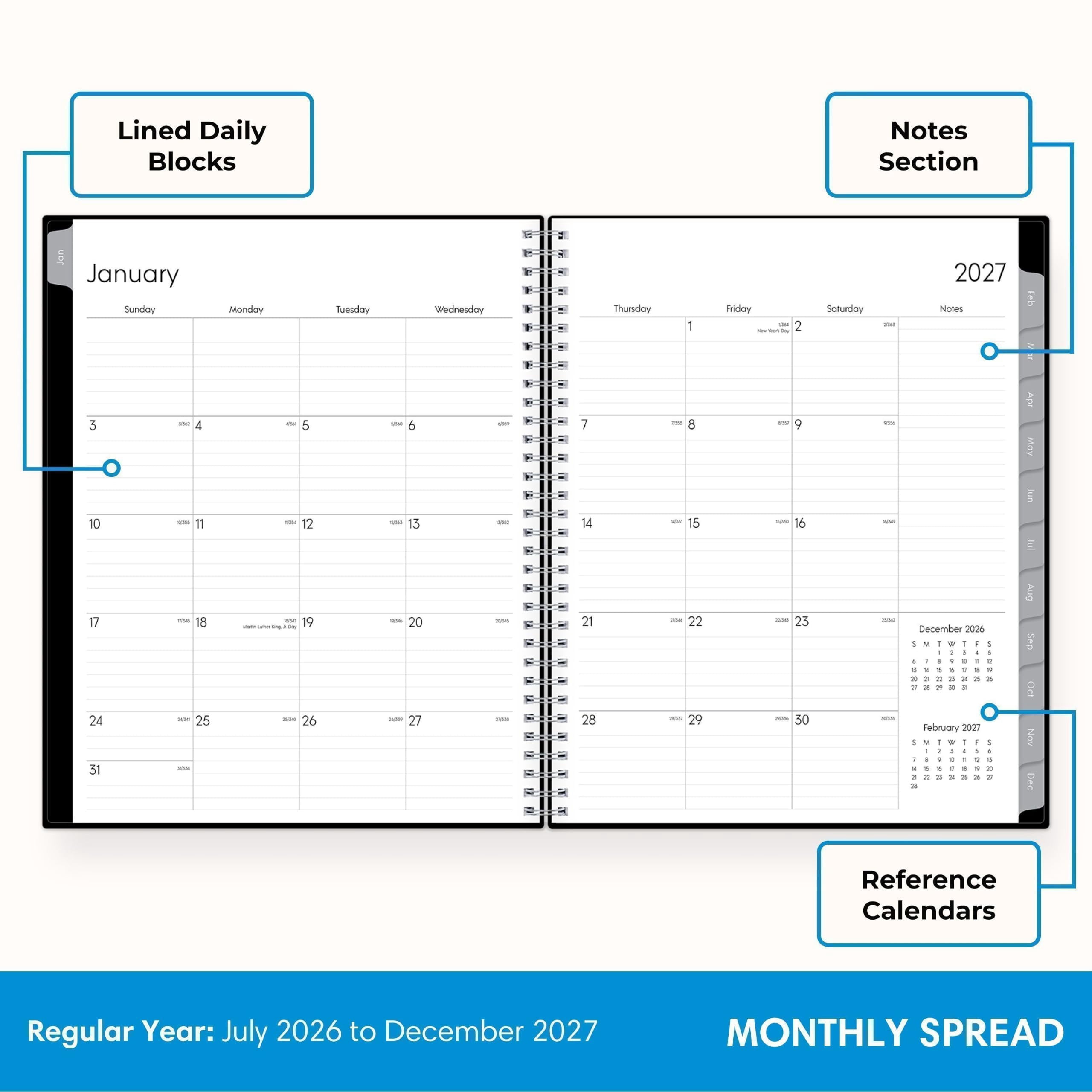 Blue Sky 2027 Weekly and Monthly Appointment Planner Calendar, January 2027 - December 2027, 8.5" x 11", With 15-Minute Blocks, Flexible Cover, Wirebound, Laminated Tabs, Storage Pocket, Enterprise