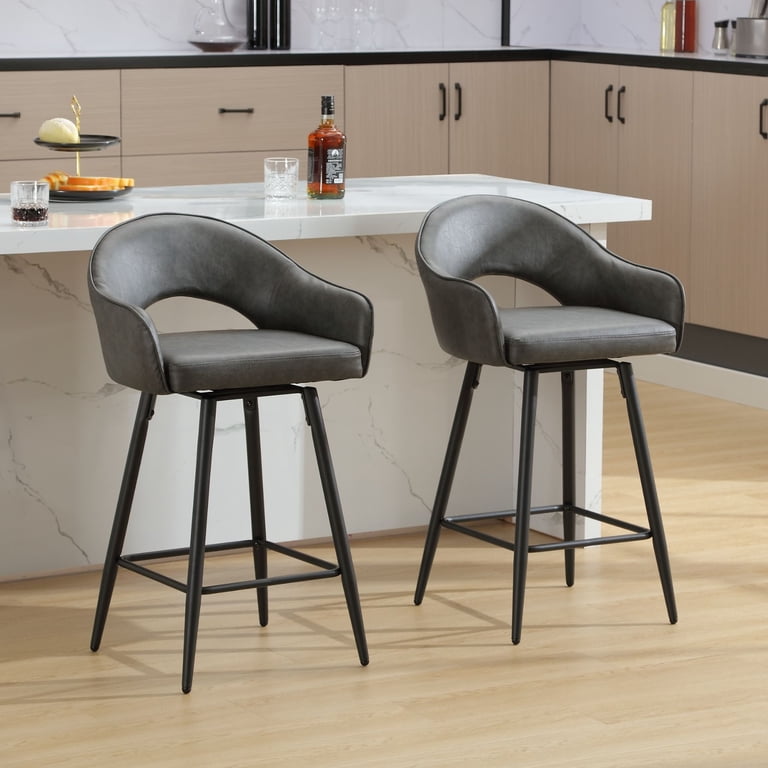 FurnitureR Set Of 2 Adjustable Height Bar Stools - Swivel Kitchen Island Stools With Metal Legs, Walnut Finish