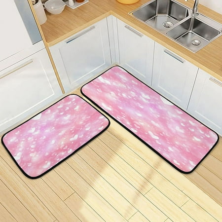 

Kitchen Rug Set 2 Pieces Non Slip Kitchen Mat for Kitchen Home Floor Sink 47 x19 +27 x19 Pink Background with Lots Of Hearts