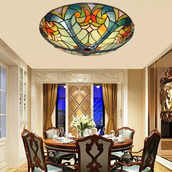 AFANQI 16" Stained Glass Chandelier Flush Mount Ceiling Light Handmade Fixture