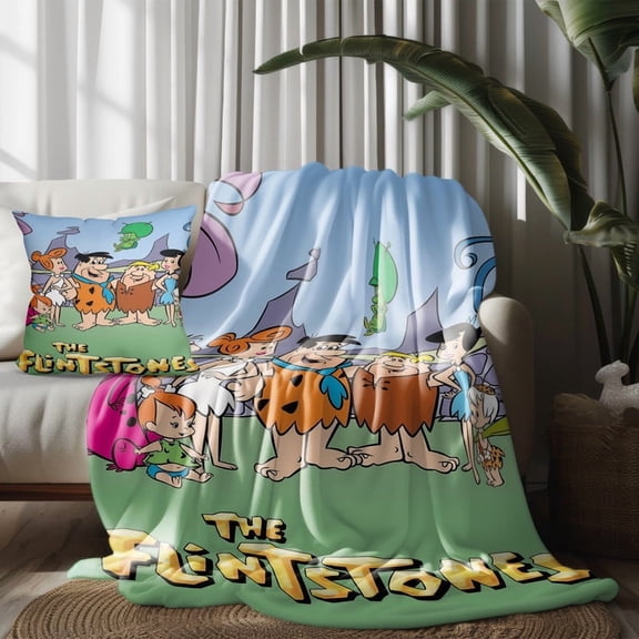 Throw Blanket and Pillowcase Set of 2，The Flintstones Thin Bed Couch Decor Kids Adult Nap Micro Fleece Fuzzy Blankets Bedroom Car All Season Birthday Gifts 30×40 inch