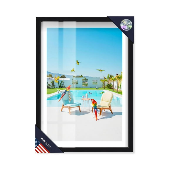 Parrot Paradise Poolside Shadowbox Print Coastal Art Prints by Notoriart, Black Frame, 11 x 16