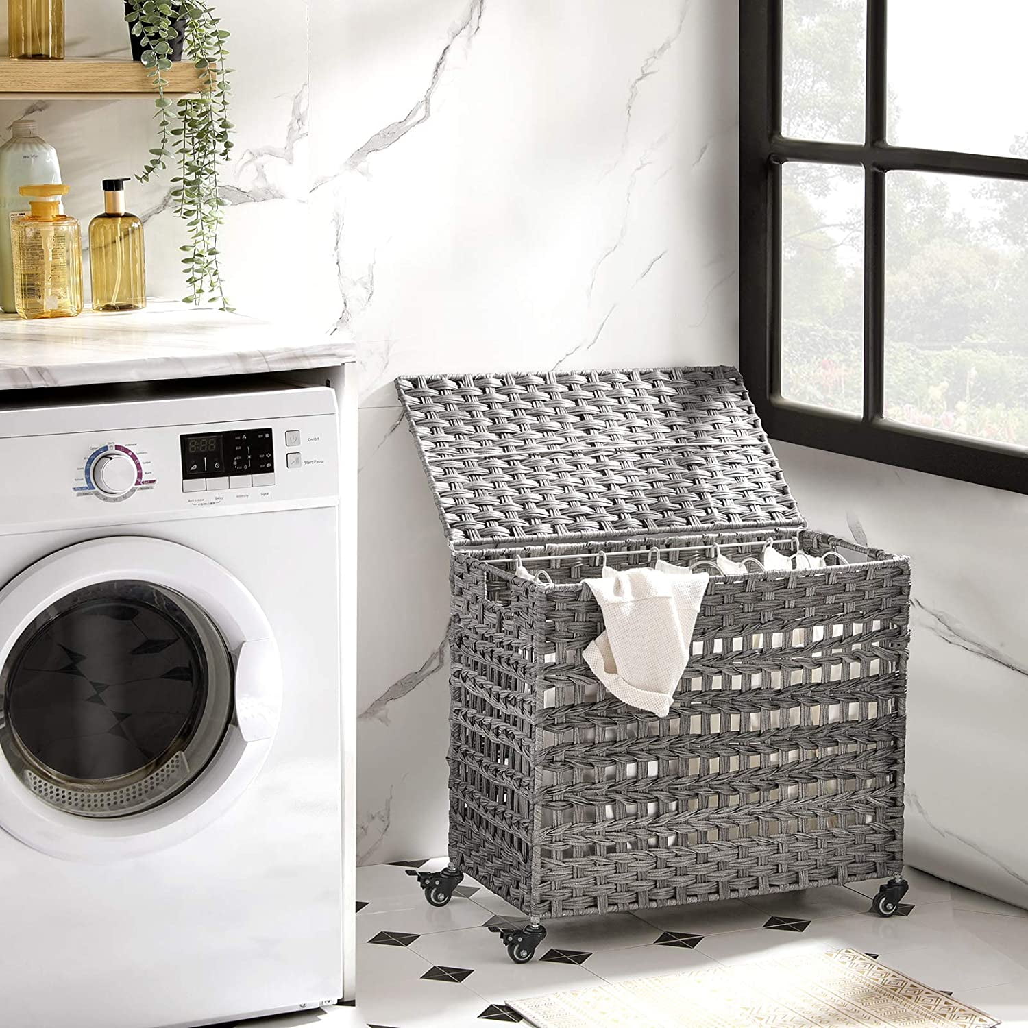 140L Laundry Hamper on Wheels 3 Compartment Laundry Sorter with Lid Clothes Hamper with Handles Wiker Laundry Basket for Laundry Room Gray