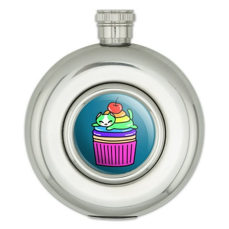 

Cute Kawaii Lazy Cat in Rainbow Cupcake Round Stainless Steel 5oz Hip Drink Flask