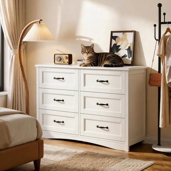 Dresser for Bedroom, 6 Drawer Dresser with Metal Handles, Modern Chest of Drawers for Living Room, Hallway, Bedroom Furniture, White