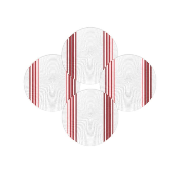 Round Placemats Set of 4 Red Ticking Vertically Stripe Place Mats Washable Woven Placemat Simple Style White Circle Braided Table Mat for Kitchen Dining Table Party Home Decor 15 Inch