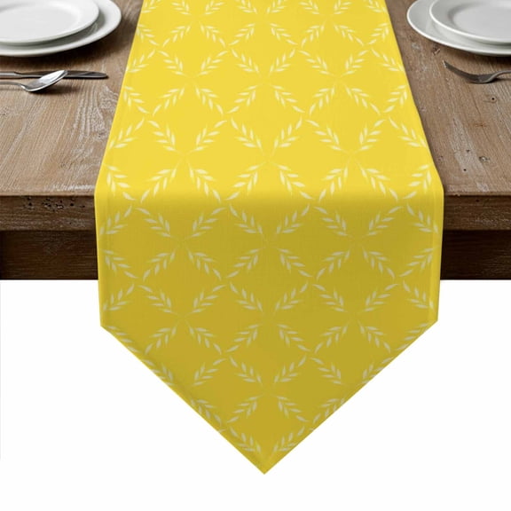 Yellow Morocco Table Runner Linen Burlap Table Runner 108 Inches Long Geometric Leaf Diamond Lattice Abstract Dresser Scarves for Kitchen Island Coffee Dining Room Party Holiday Decoration 13"x108"