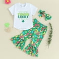 thumbnail image 2 of Bagilaanoe 3Pcs Baby Girl Holiday Clothing Sets Toddler Letter Print Short Sleeve T-shirt Tops + Flare Trousers + Headband 6M 12M 18M 24M 3T Kids Spring Pants Set, 2 of 8