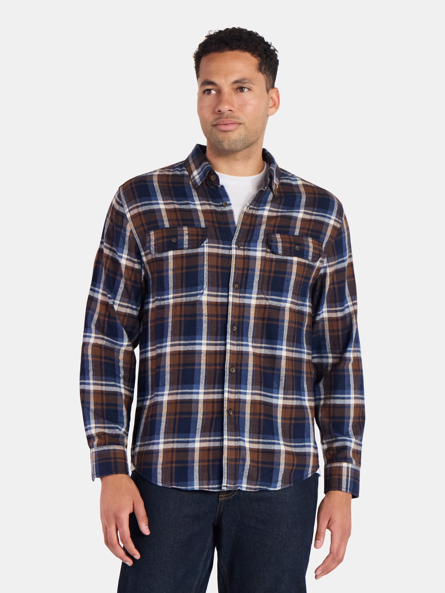 George Men's and Big Men's Double Pocket Flannel Shirt, 2 Pack, Sizes XS-3XLT