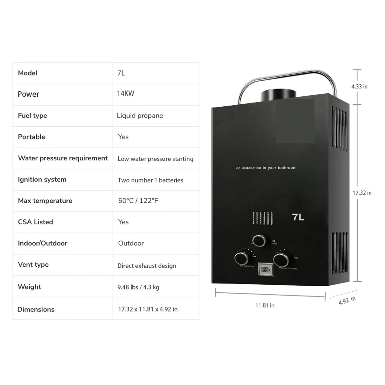 7L Portable Water Heater Propane Water Heater Outdoors Tankless Water Heater Gas Multiple Protections For RV Cabin Barn Camping ,Safety Protections