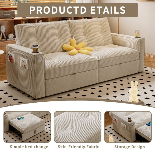 73" 2-in-1 Convertible Sofa Bed, Corduroy Two-Seater Sleeper Sofa with Pull-Out Guest Bed, Steel Frame, for Living Room, Bedroom, Apartment & Dorm, White