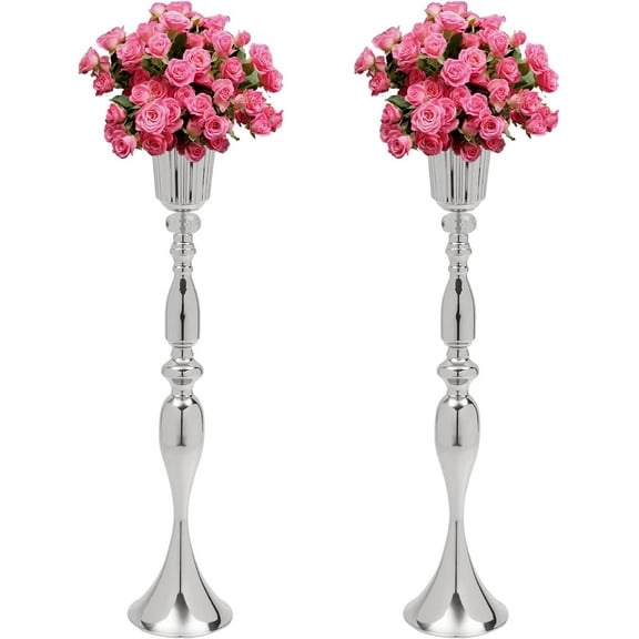 Silver Wedding Centerpieces 2 Pcs, Silver Metal Flower Vase with Crystal Bead, 29.1" Tall Flower Arrangement Vase for Table Party Reception Event Aisle Home Decoration