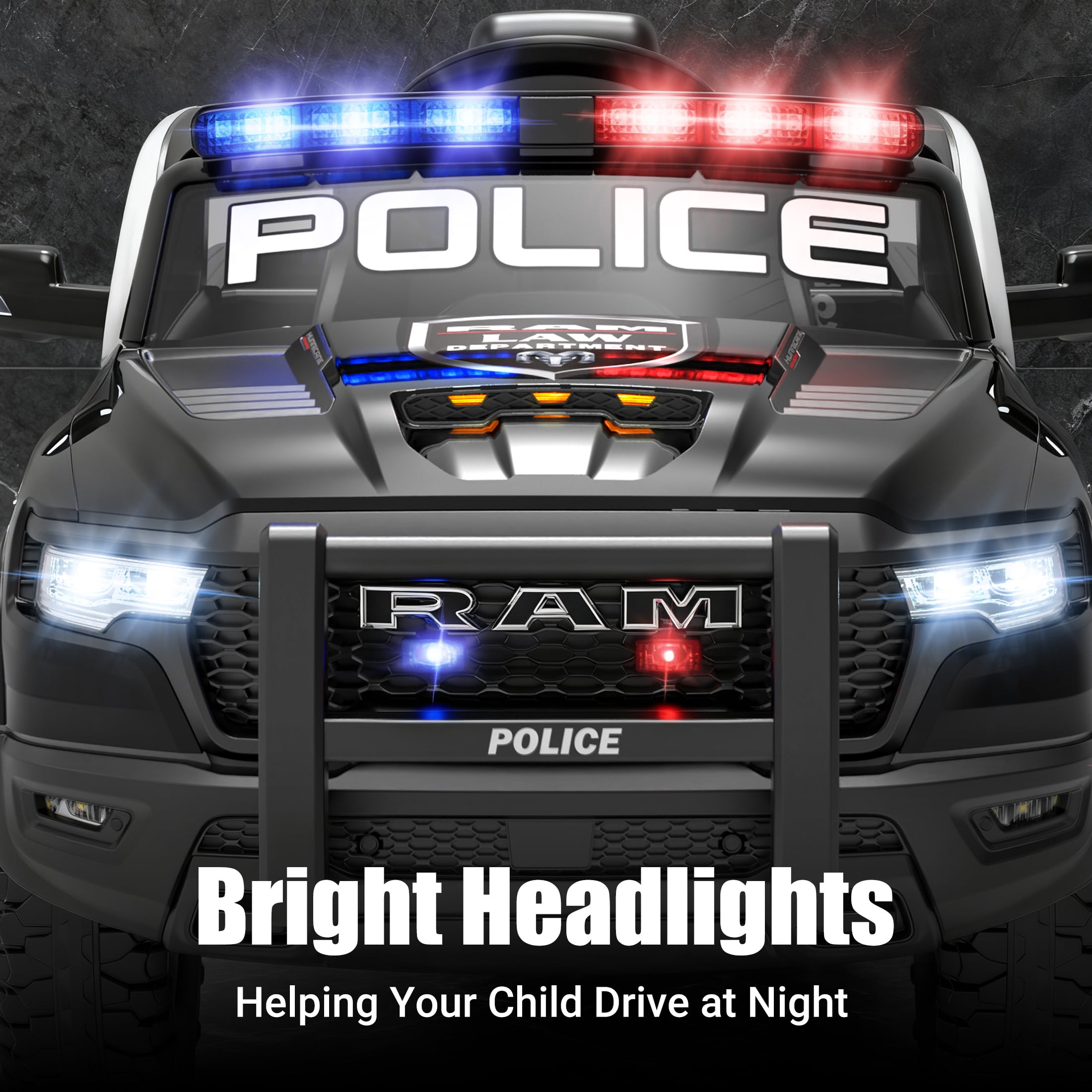 RAM 1500 Ride on Truck Cars, 12V Powered Ride on Toys with Remote Control, 4 Wheel Suspension Electric Cars for 3-5 Yrs Boy Girl W/Key Switch, Safety Belt, Music, Bluetooth, LED, Black Police Truck