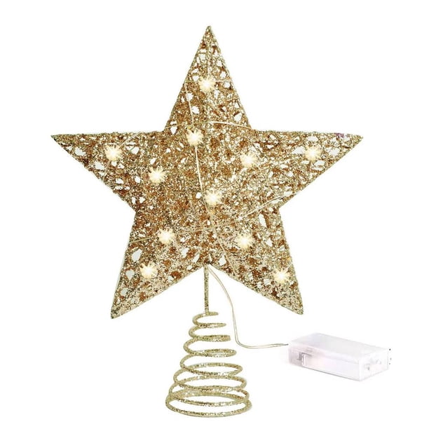 WAITLOVER Adorno para árbol de Navidad, adorno para árbol de Navidad brillante con luz LED de cobre, adorno para árbol de estrella hueco dorado y plateado con adorno para árbol de Navidad