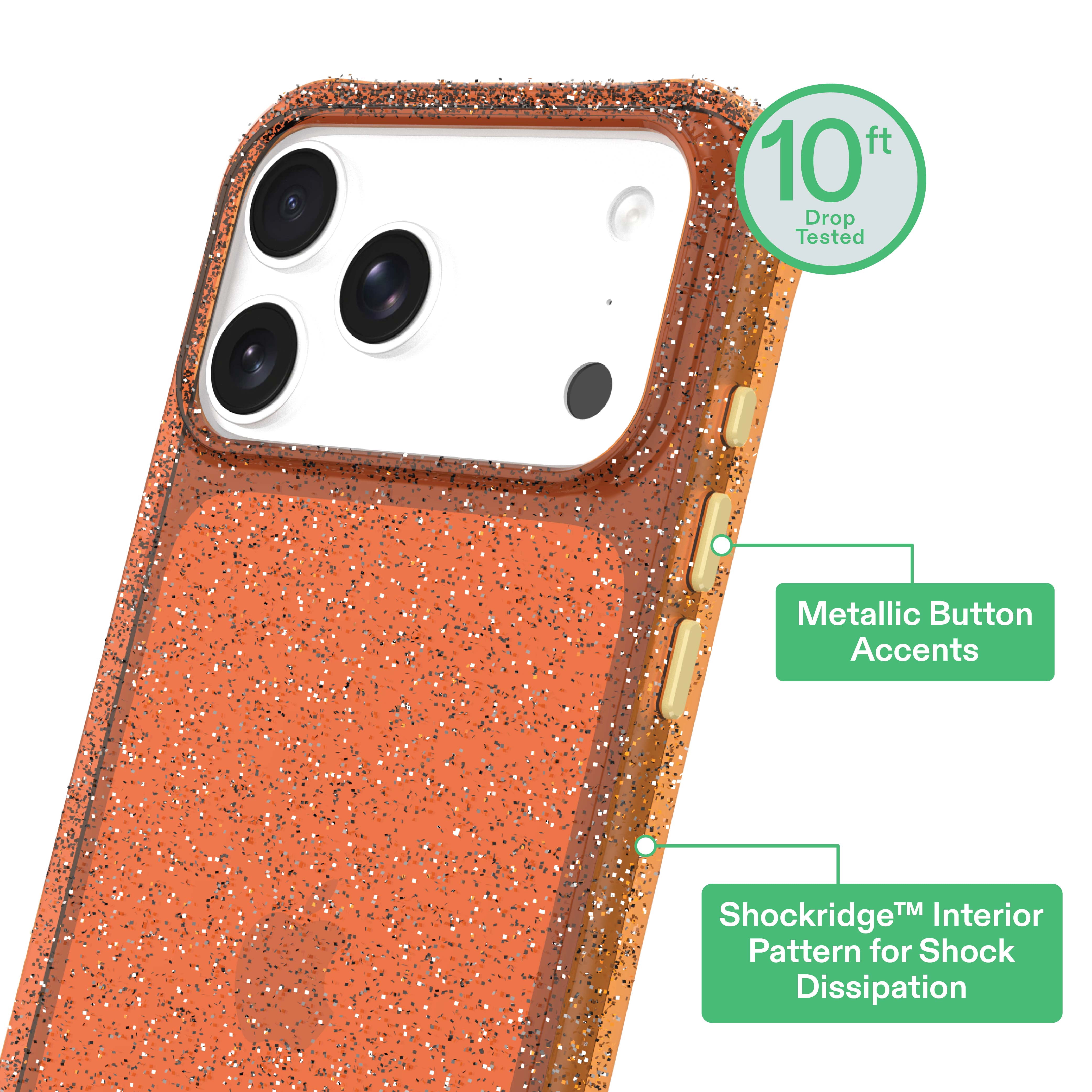 onn Sparkle Phone Case for iPhone 17 Pro - Orange with Gold Glitter