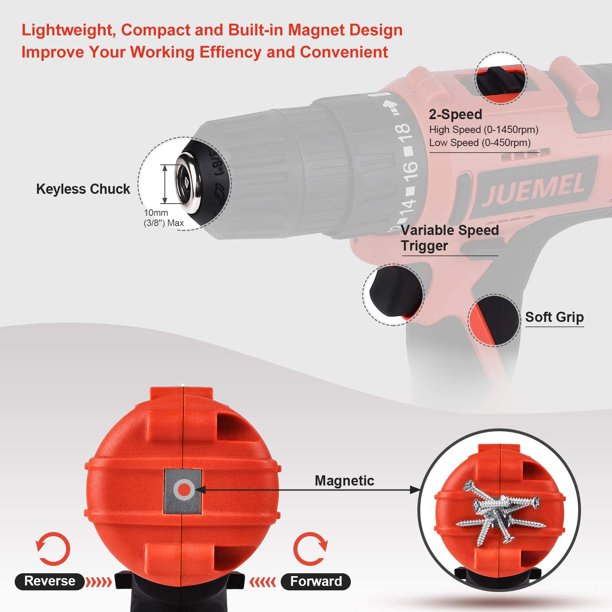 JUEMEL 3/8" Chuck Cordless Drill Drivers with 2000mAh Battery, 2-Speed Gearbox 1450 RPM MAX