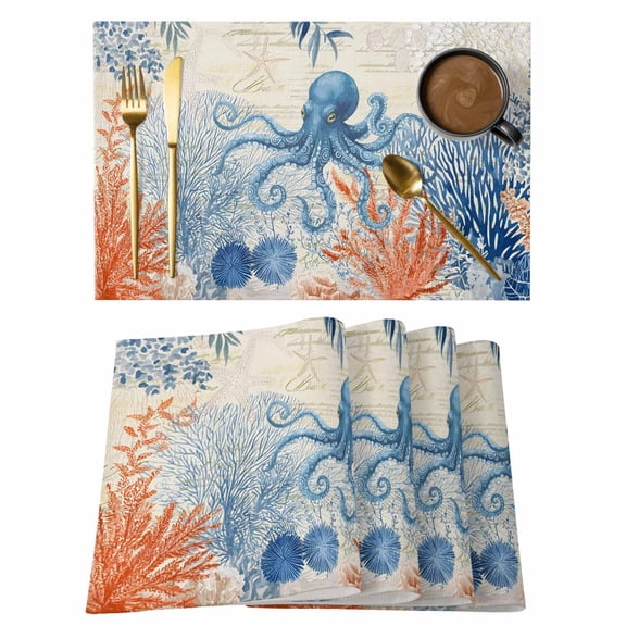 Coastal Octopus Placemats Set of 8 Vintage Nautical Summer Beach Coral Leaf Place Mats Indoor Wipeable Table Mats Washable Cloth Dining Table Placemats for Kitchen Holiday Party Home Decor 13x19 Inch