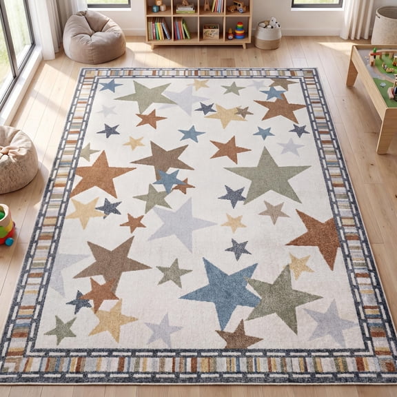 JONATHAN Y KIDS WASHABLE Star Gazer Geometric Area Rug, 5 x 8, Ivory/Blue/Orange