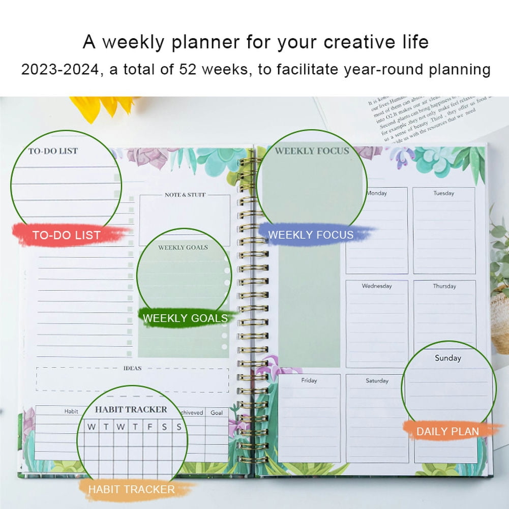 CSCHome Durable Planner 2023-2024, Coil A5 Notebook, Fine Floral Printing Hard Cover Weekly Planner , Flat 180° Spreadable for Students, Office Workers