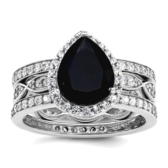 12.15mm Ss Rhodium Plated Black White Cubic Zirconia Teardrop Halo 3 Ring Set Size 5 Ring for Women