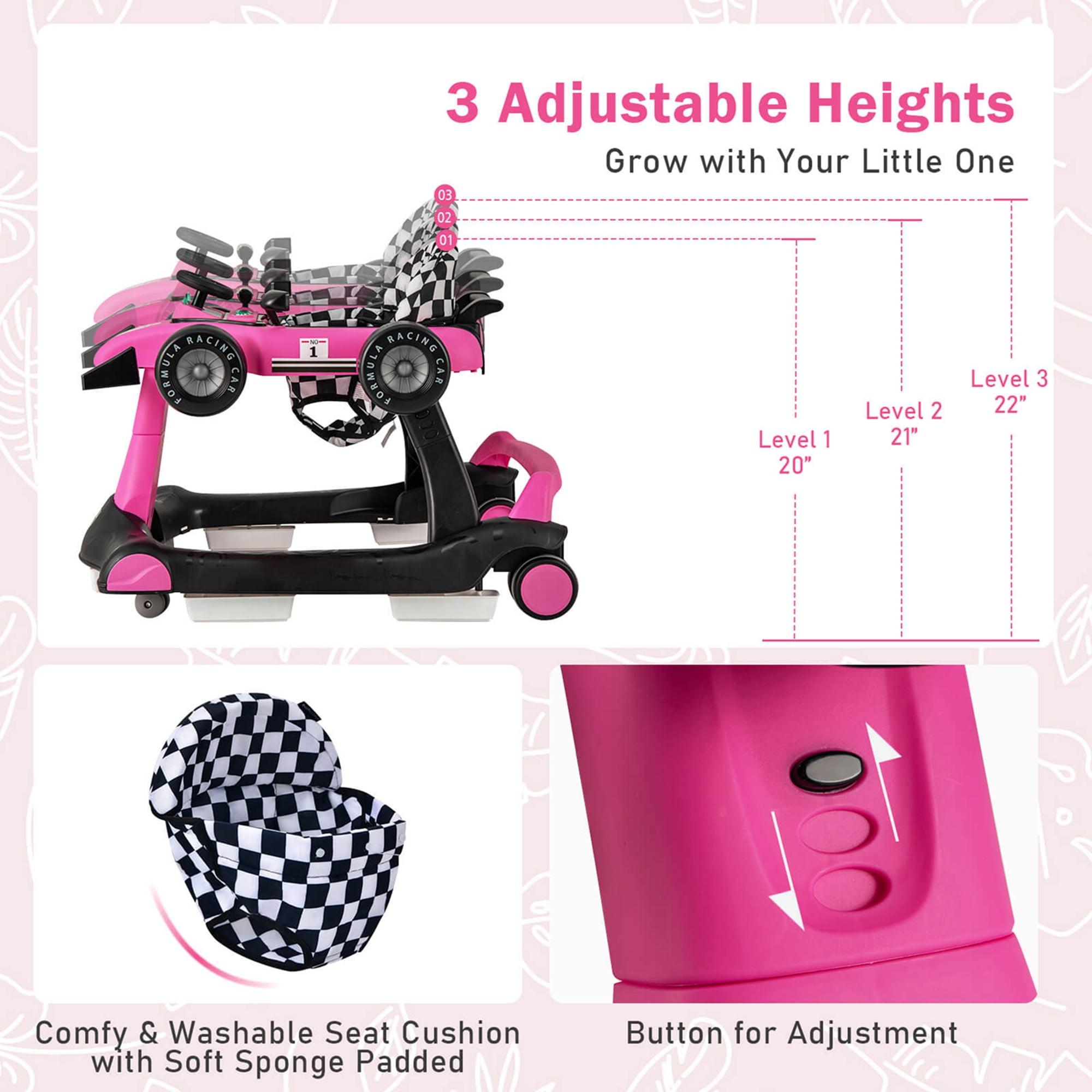 Costway 4-in-1 Baby Walker Foldable Activity Walker with Adjustable Height & Speed Deep 6-18 Months Pink