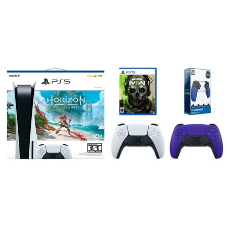 Sony Playstation 5 Disc Horizon Forbidden West Bundle with Extra Galactic Purple Controller, Call of Duty: Modern Warfare II and Surge Trigger Kit