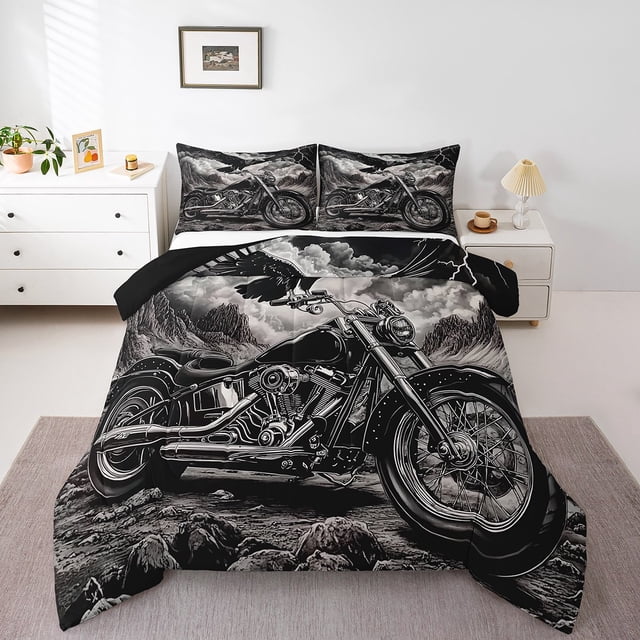 Erosebridal Ensemble de Couette Imprimé Moto Tout-Terrain Taille Simple, Couette de Sport Extrême, Gris Noir, Réversible 2 Pcs