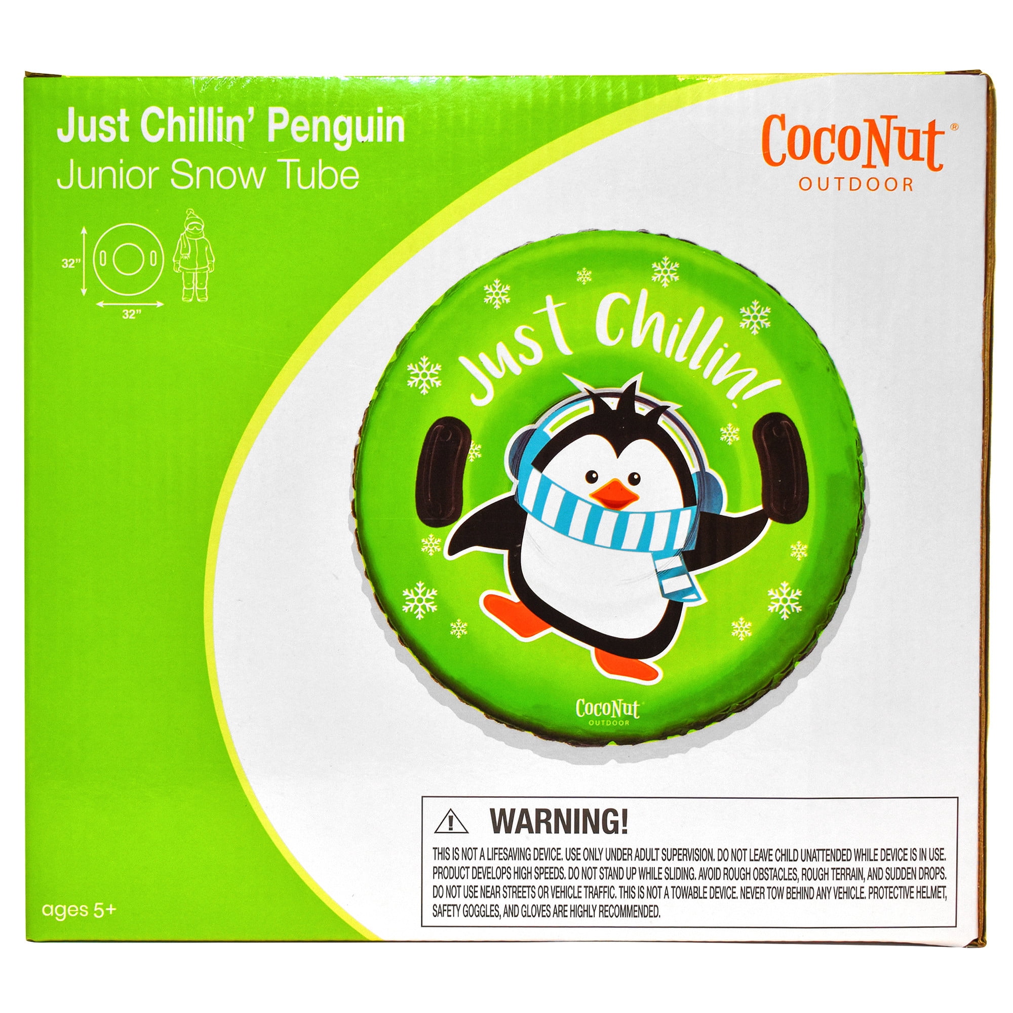 CocoNut Outdoor: Just Chillin Green Penguin -32" Inflatable Penguin Junior Snow Tube - Heavy Duty Snow Sled with Sturdy Handles for Kids, Lightweight Snow Tube for Boys and Girls, Kids 5+