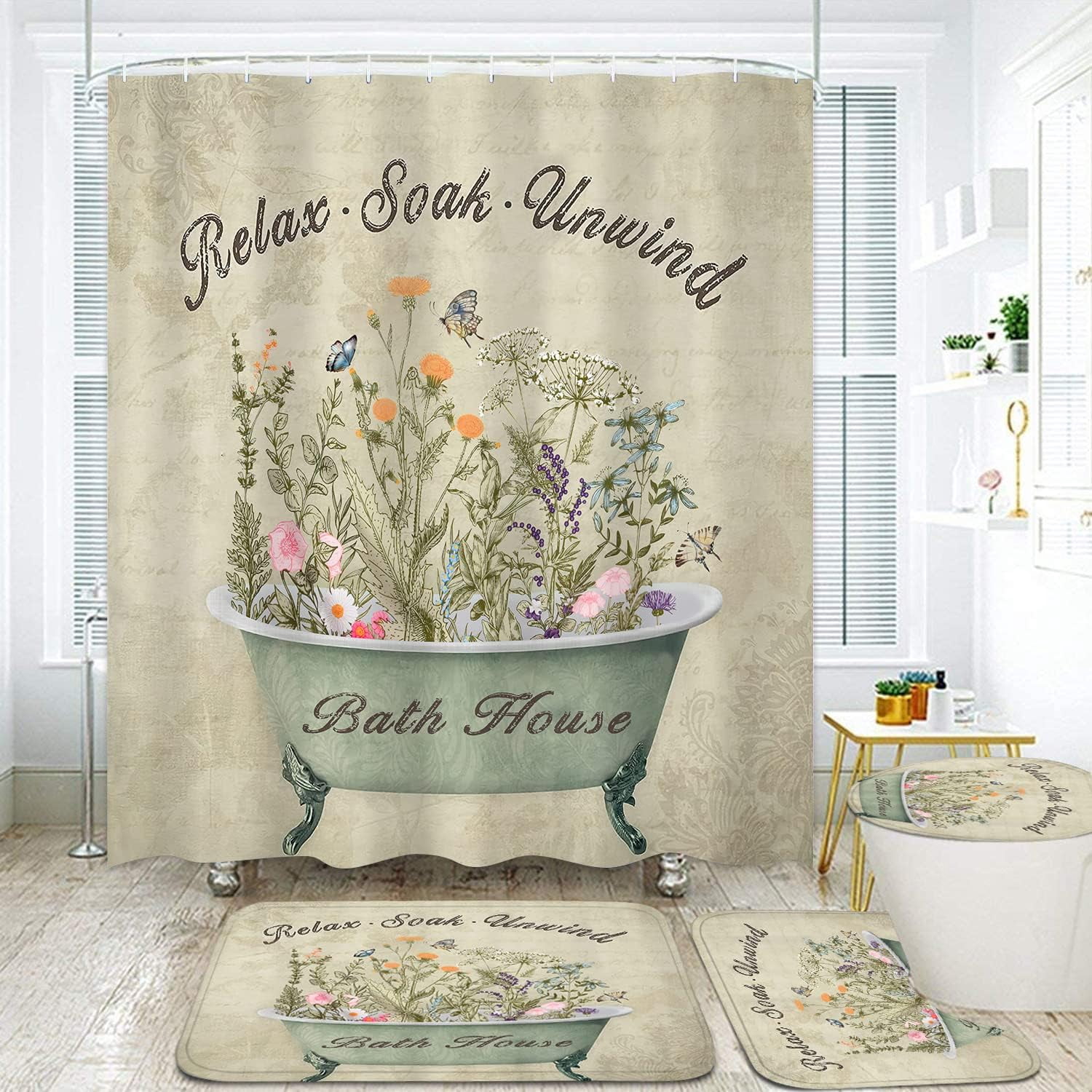 4 Pcs Floral Shower Curtain Flowers Leaves Bathroom Sets with Shower Curtain and Rugs Vintage Farmhouse Bathroom Decor Country Bathtub on Rustic Wood Backdrop Bathroom Rugs Mat Toilet Lid Cover