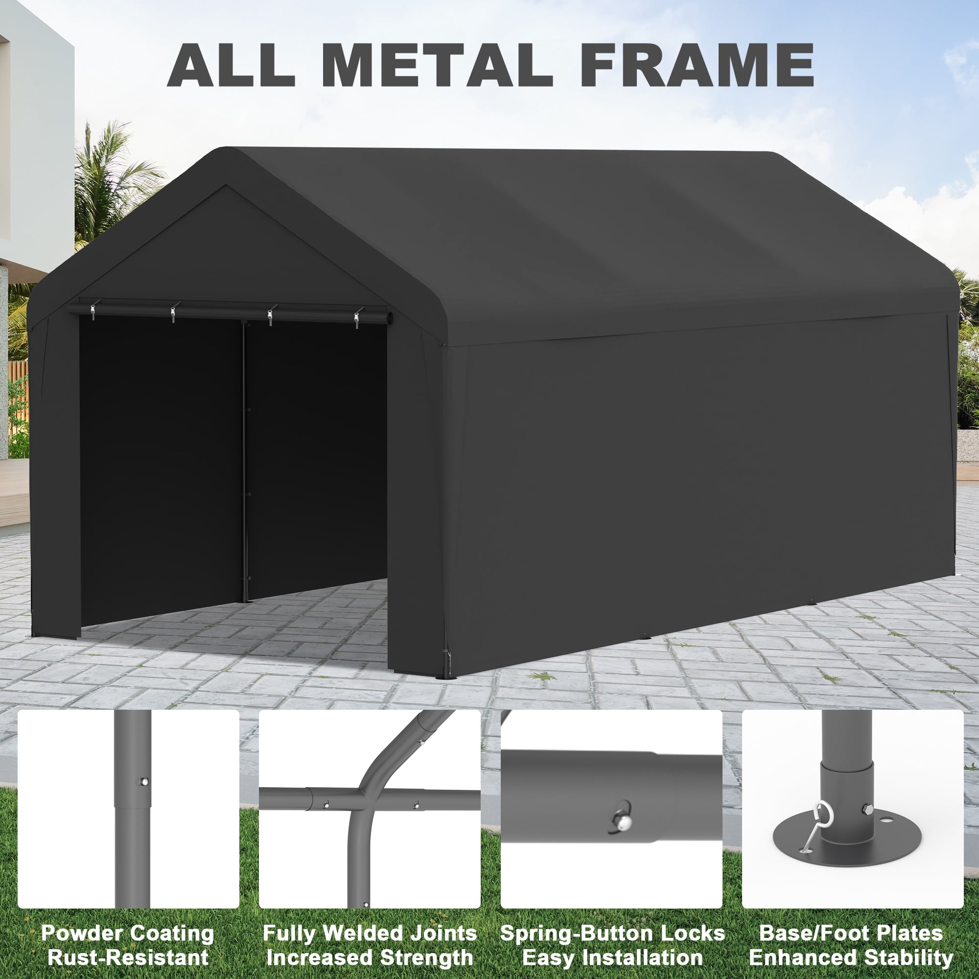 Outdoor Carport 10' x 20' Portable Garage Car Shelter Shade with Removable Sidewalls & Doors, Carport Canopy with Powder-Coated Steel Frame for Outdoor Party, Birthday