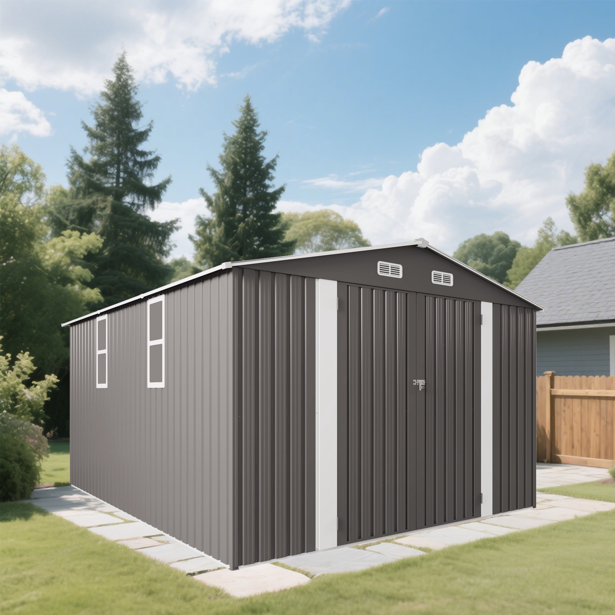 10x12 FT Outdoor Metal Storage Shed with Double Doors & Two Windows, Large Waterproof Garden Shed for Lawn Mowers, Bike, Pool Equipment, Patio Furniture, Trash Bins, Backyard, Grey