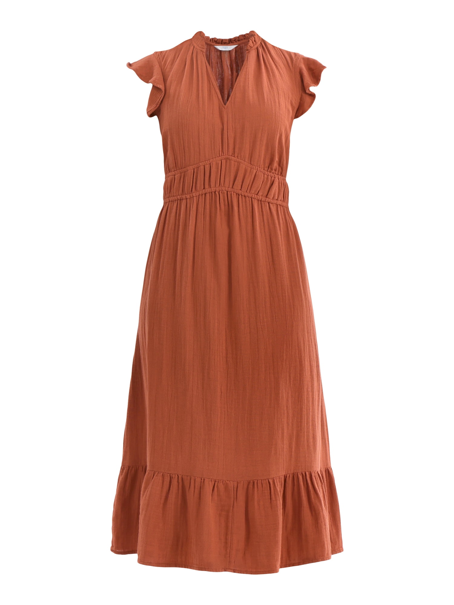 Time and Tru Women's Double Cloth Cotton Midi Dress with Flutter Sleeves, Sizes XS-XXXL