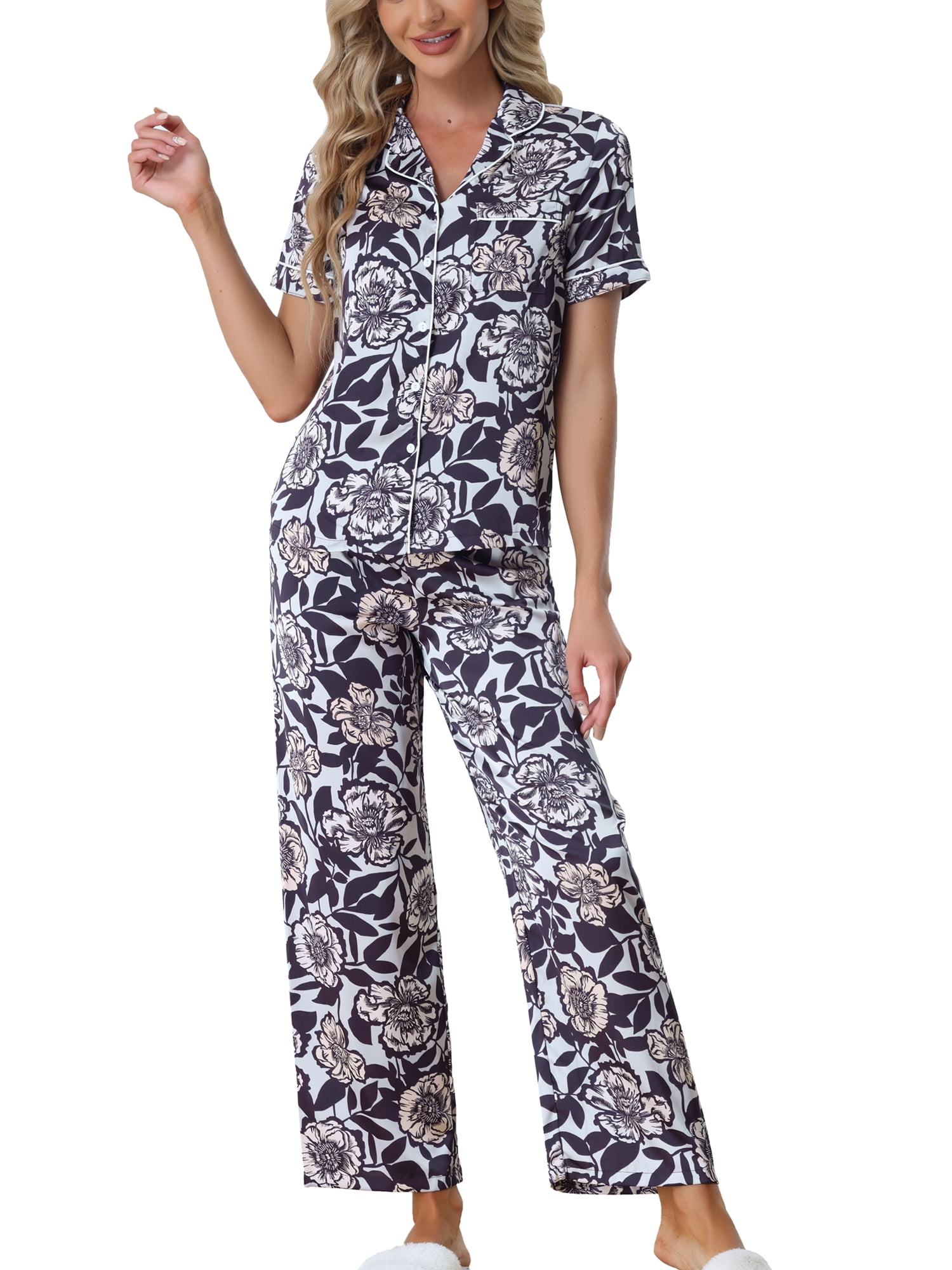 Unique Bargains Women's Pajama Set Silk Short Sleeves and Pants Floral Satin Sets