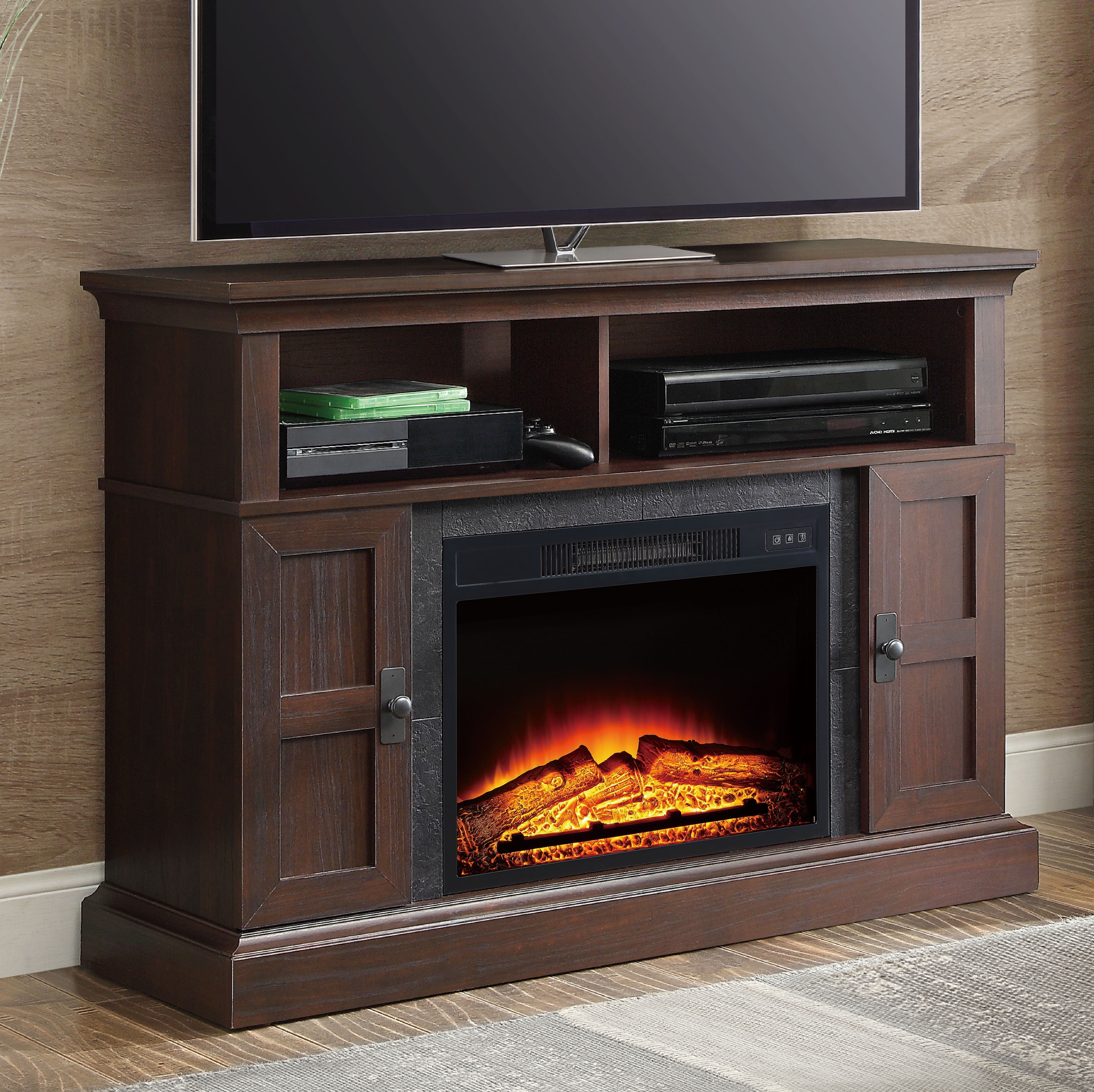 TV Stand Media Entertainment Wood Console 55quot; Electric Fireplace Heater Storage  eBay