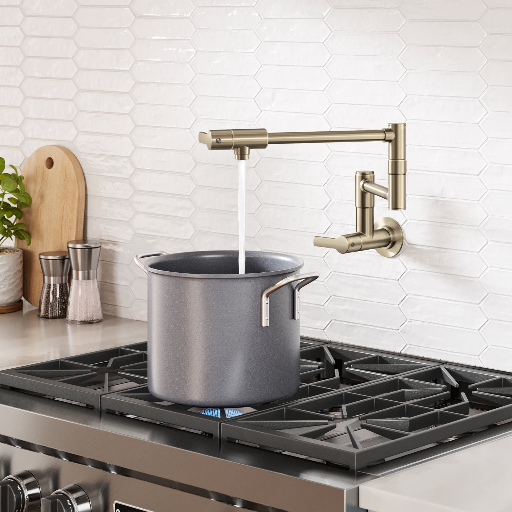 KRAUS® Oletto™ Wall Mount Pot Filler Kitchen Faucet with Retractable Arm in Spot-Free Antique Champagne Bronze