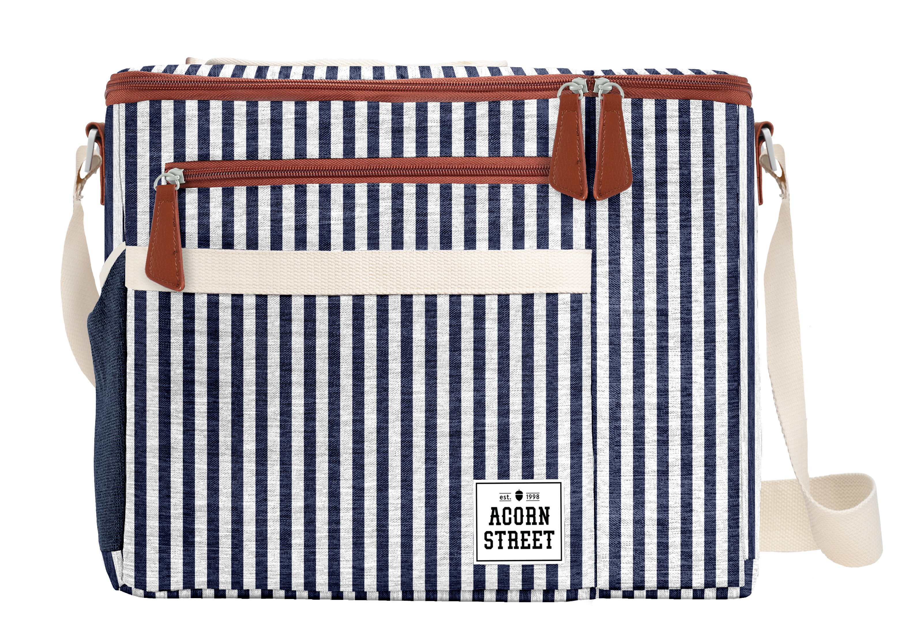 Acorn Street Dual-Compartment 2 Wine Bottles, 12-Can Soft Insulated Cooler in Blue Vineyard Stripe