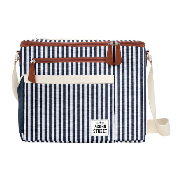 Acorn Street Dual-Compartment 2 Wine Bottles, 12-Can Soft Insulated Cooler in Blue Vineyard Stripe