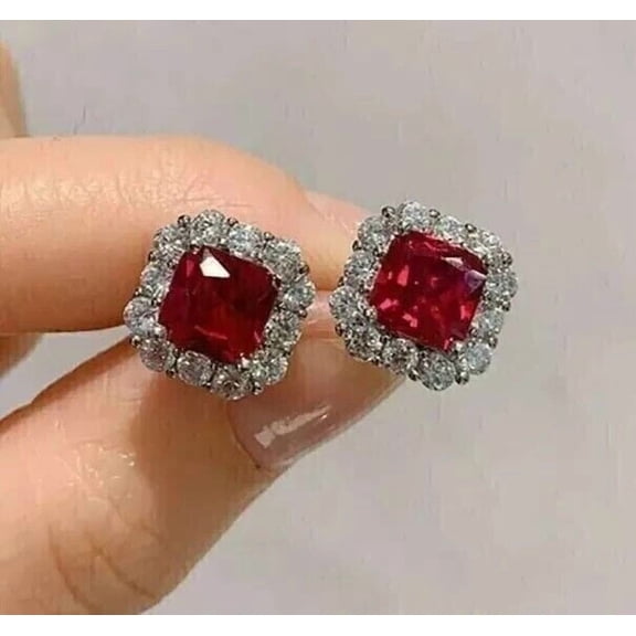 3 CT Princess Lab-Created Red Ruby Halo Stud Earrings 14k White Gold Plated For Women's Silver