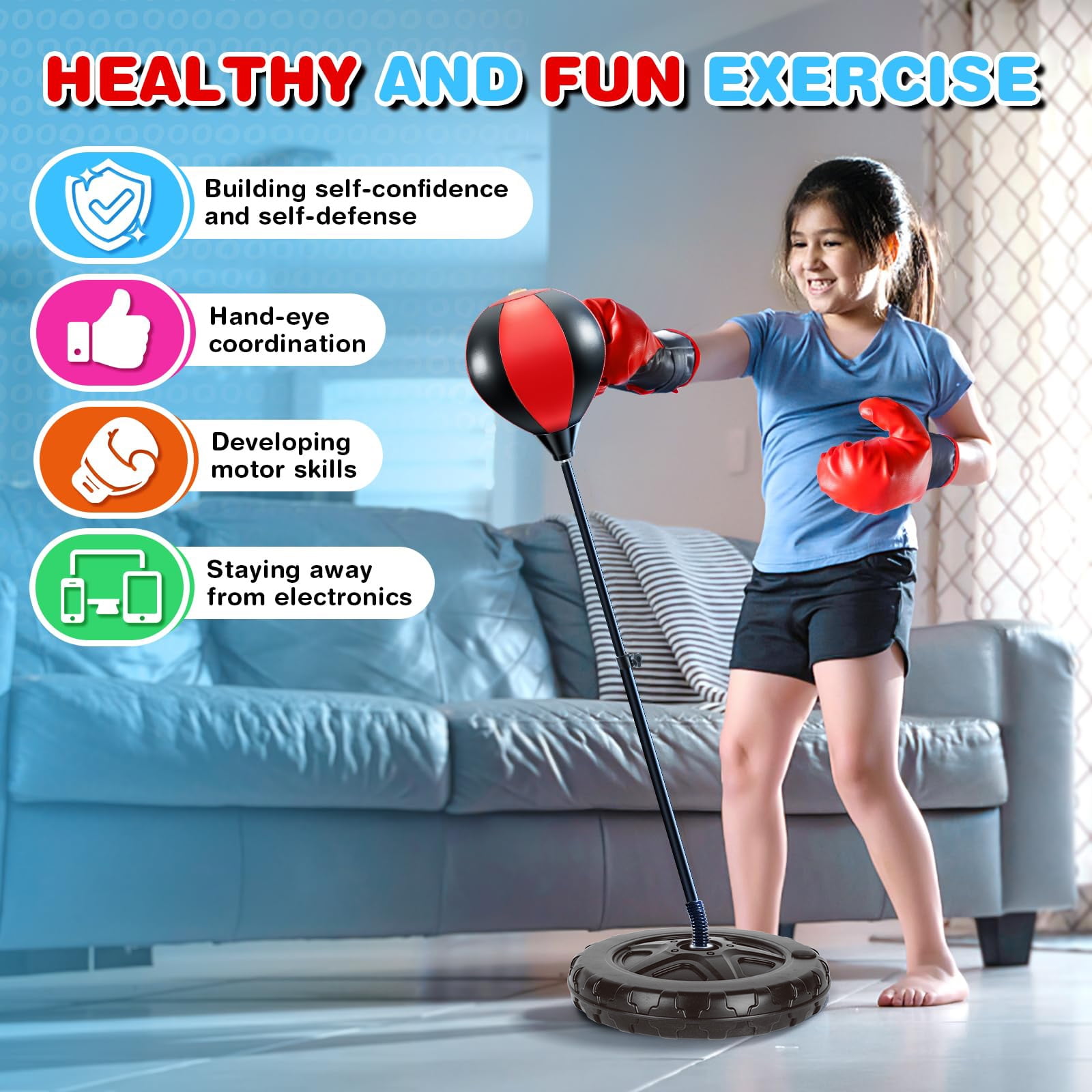 JBeeCtrl Punching Bag for Kids with Adjustable Stand Boxing Bag with Boxing Gloves Punching Bag Boxing Toy Set Sport Game Toys for Boys and Girls Ages 3-10 Years Old