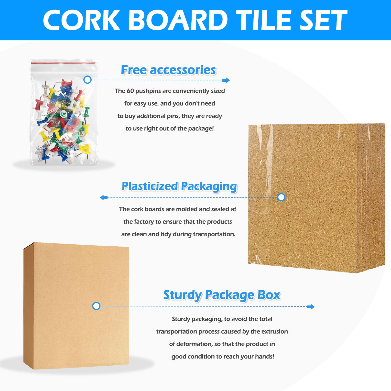 Adhesive Cork Board Tiles 6 Packs Cork Bulletin Board 12" x 12", Thick Frameless Corkboards for Walls with Pushpins for Home Office Kitchen School Decor Display, Brown
