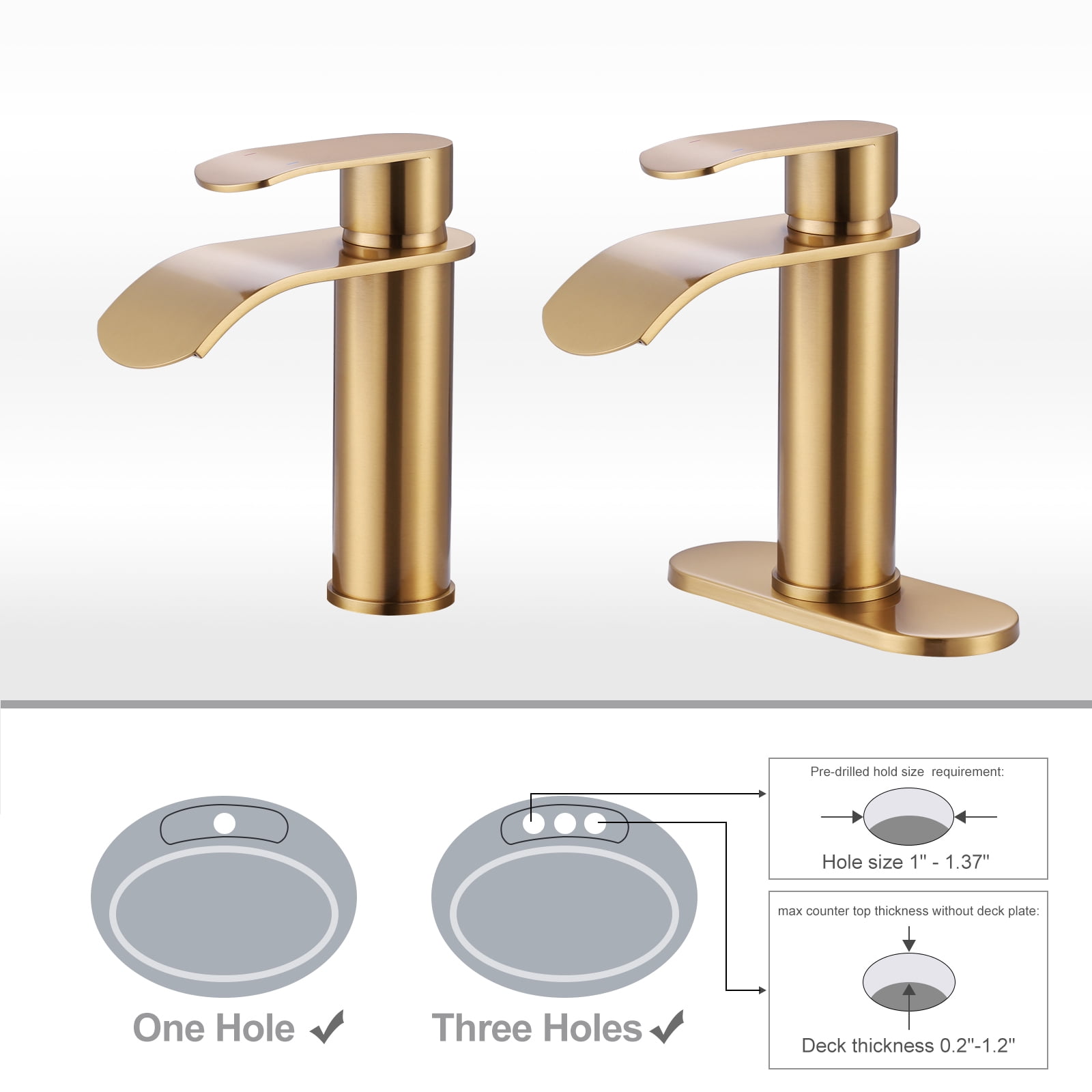 WOWOW Waterfall Bathroom Faucet, Gold Bathroom Sink Faucet for 1 Hole or 3 Holes, Single Handle Vanity Faucet with Metal Pop up Drain, Stainless Steel Basin Sink Faucet Tap for RV Lavatory