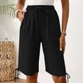thumbnail image 4 of GUACER Womens Wide Leg Shorts Casual Drawstring Elastic Waist Linen Summer Bermuda Shorts with Pockets Hem Tie, 4 of 9