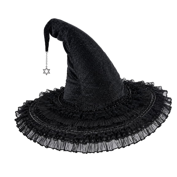 Halloween Witch Hat BWASD Gothic Lace Velvet Wide Brim Witch Hat Ribbon Bow Wizard Cap for Halloween Masquerade Carnivals Party Accessories 2026 New ,Dark Gray
