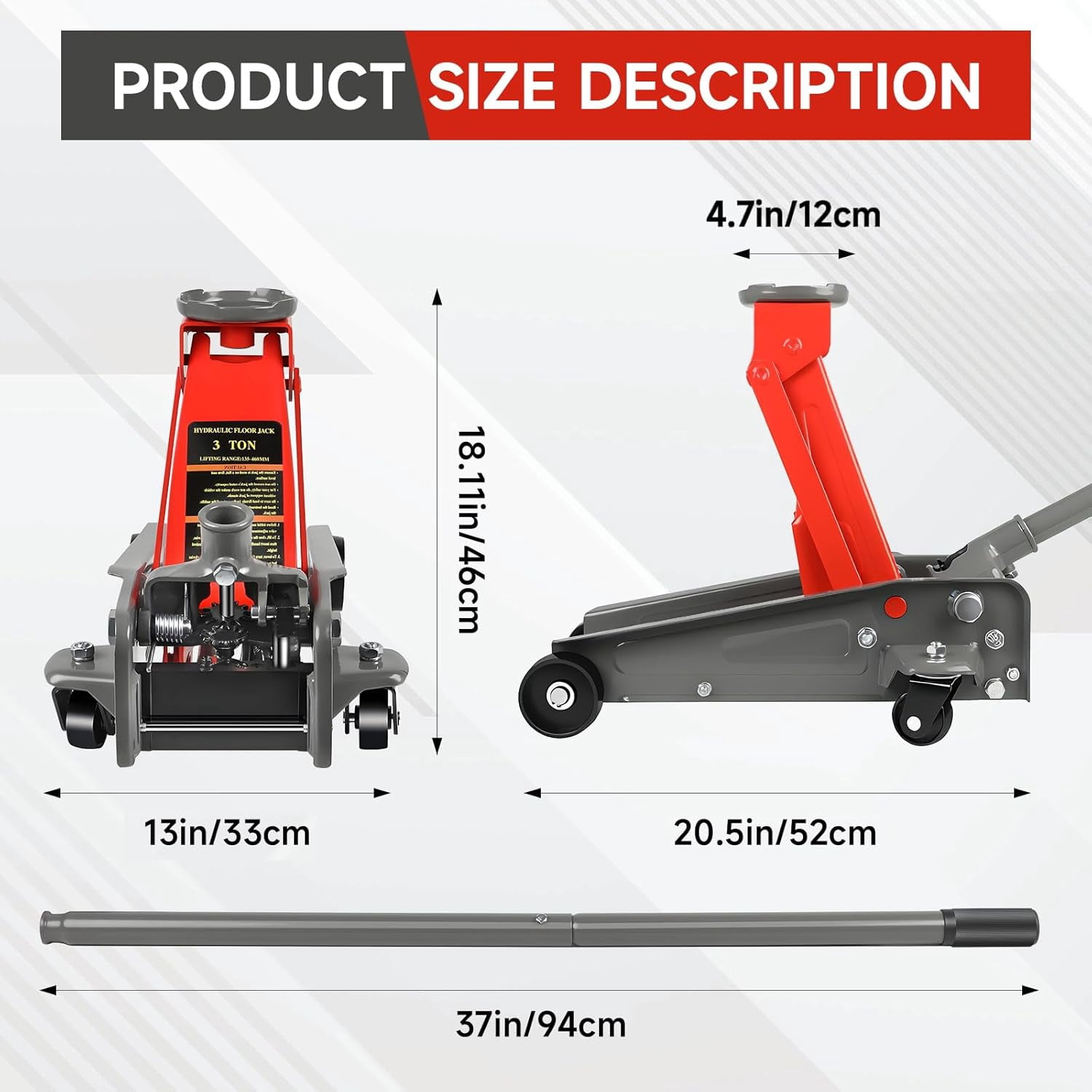 LARBANKE 3 Ton Floor Jack, Heavy Duty Steel Fast Lift Service Jack, Car Jack 6,600 lbs Capacity, 5.31" to 18.11" Lifting Range, Red