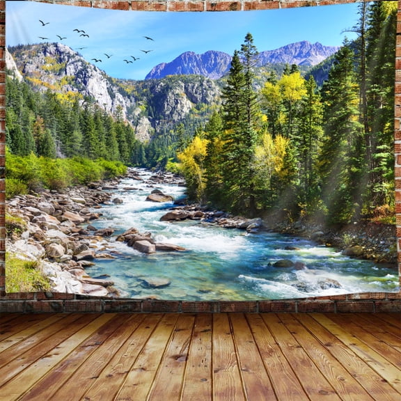 Nature Forest Mountain Tapestry, Green Pine Tree River Waterfall Landscape Aesthetic Tapestry Wall Hanging For Classroom Office Living Room Scenery Decoration, 60X40IN
