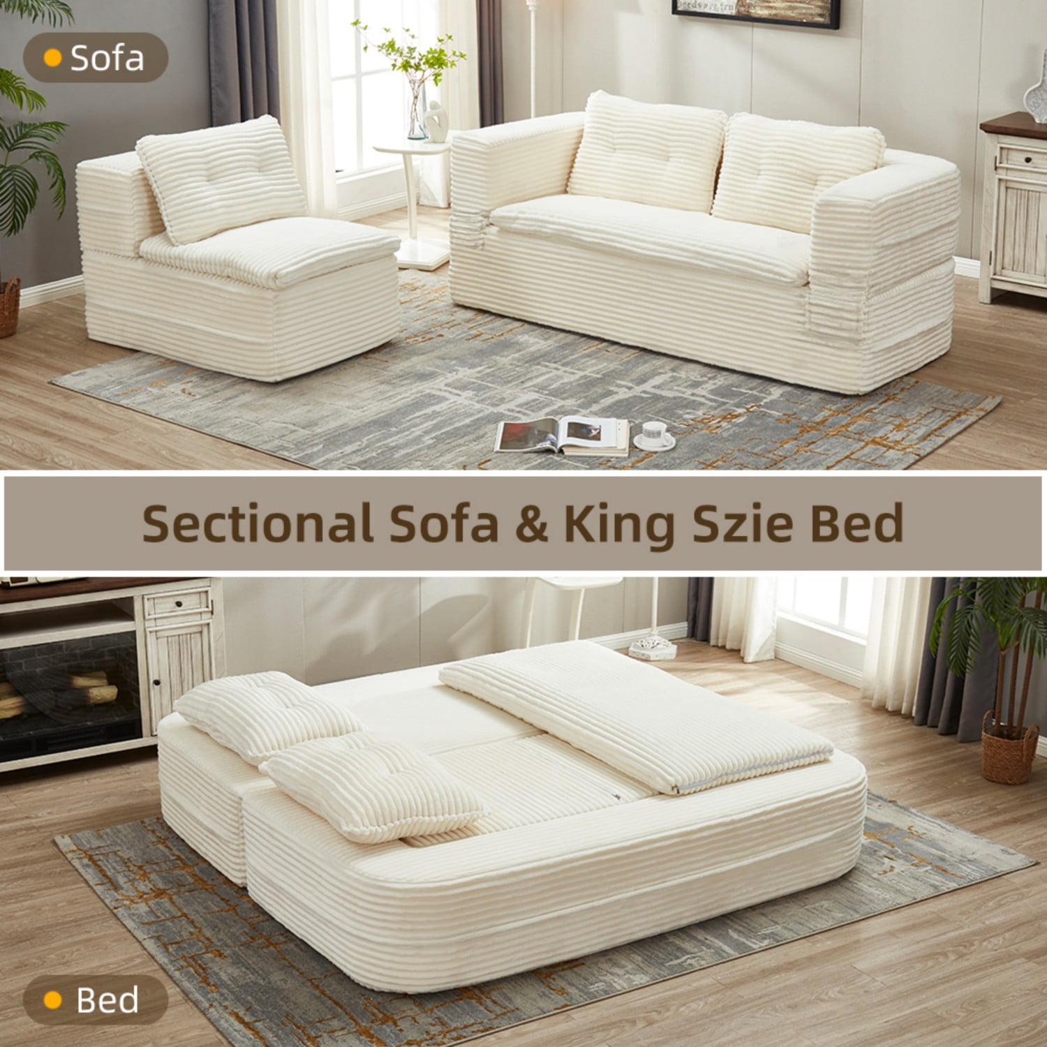 80" Convertible Sectional Sofa Bed with Independent Chaise Lounge, Corduroy Deep Seat Couch, King Size Floor Sleeper Sofa with Convertible Blanket, Beige