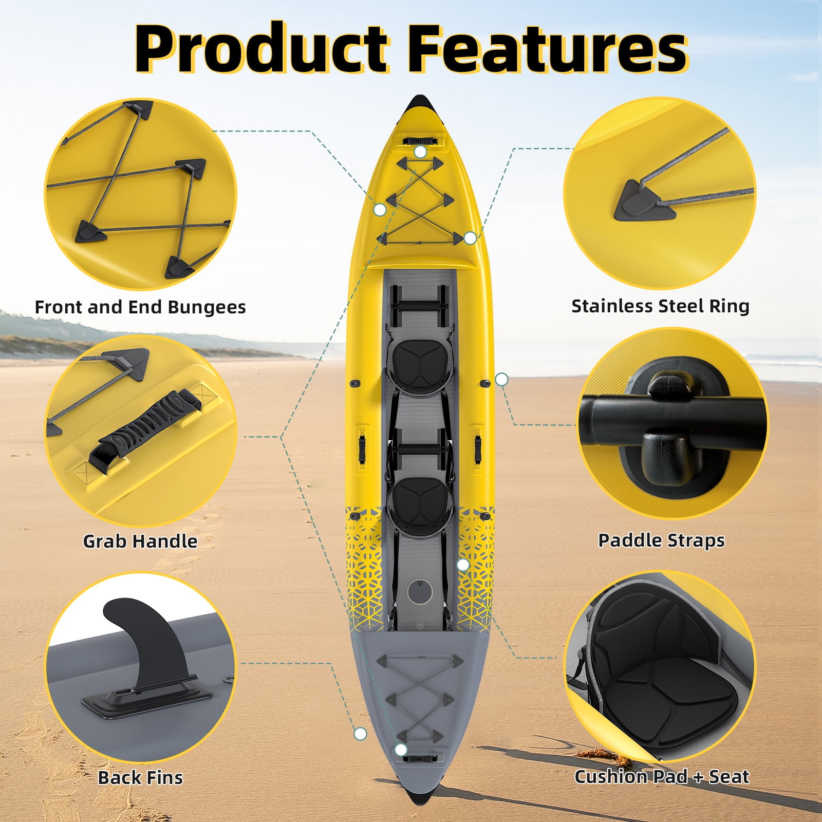 Danrelax 2-Person Inflatable Kayak for Adults, Drop-Stitch Floor, Tandem Kayak, Yellow